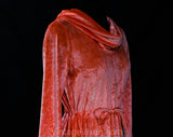 Small Medium Orange 1970s Dress - Late 70s Disco Shimmer Maxi Sheath with Cowl Neck & Long Sleeves - Size 6 to 10 Shiny Velvety Velour Knit