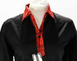 Size 14 Black Shirt with Red Collar - 1960s Preppy Casual Top - Polished Cotton & Primitive Print - 60s Polo Top - NWT Deadstock - Bust 41