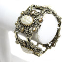 1950s Victorian Inspired Bracelet - 50s Baroque Faux Pearls Panel Bracelet - Antique Look Filigree Metal - White Gold Champagne - 50451