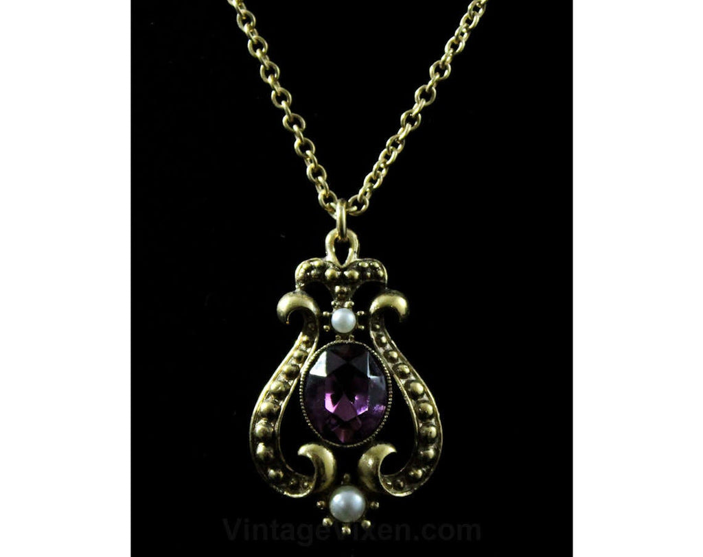 Amethyst Purple Glass Necklace - Victorian Revival 1960s 1970s Jewelry - Faux Stones - Art Nouveau Pendant & Chain - Antique Style Repro