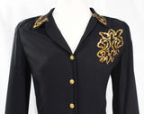 Size 6 1940s Blouse - Chic Black Crepe with Gold Sequined Emblem - WWII Era 40s Rayon Long Sleeved Shirt - Glam Sequin Top - Bust 34.5
