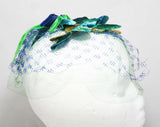 1960s Veiled Hat - 50s 60s Fascinator - Turquoise Blue & Emerald Green Veil - 60's Velvet Leaves Millinery - Bouffant Hairstyle Accent