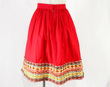 Size 10 Full Skirt - Red Cotton Folk Dirndl Beaded Border - 1950s 1960s Gypsy Boho Beadwork Panel - Rick Rack Wooden Beads Raffia - Waist 29