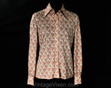 Size 6 Mauve Floral Shirt - 1970s Antique Style Peaches & Cherries Fruit Print Top - Small Long Sleeve 70's - Burgundy Blue Pink - Bust 34