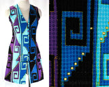 Size 6 Mod Tunic & 60s Mini Skirt - Made in Capri Italy - Blue Purple Black Cotton - Primitive Greek Key Stripes - 1960s Resort Summer Chic