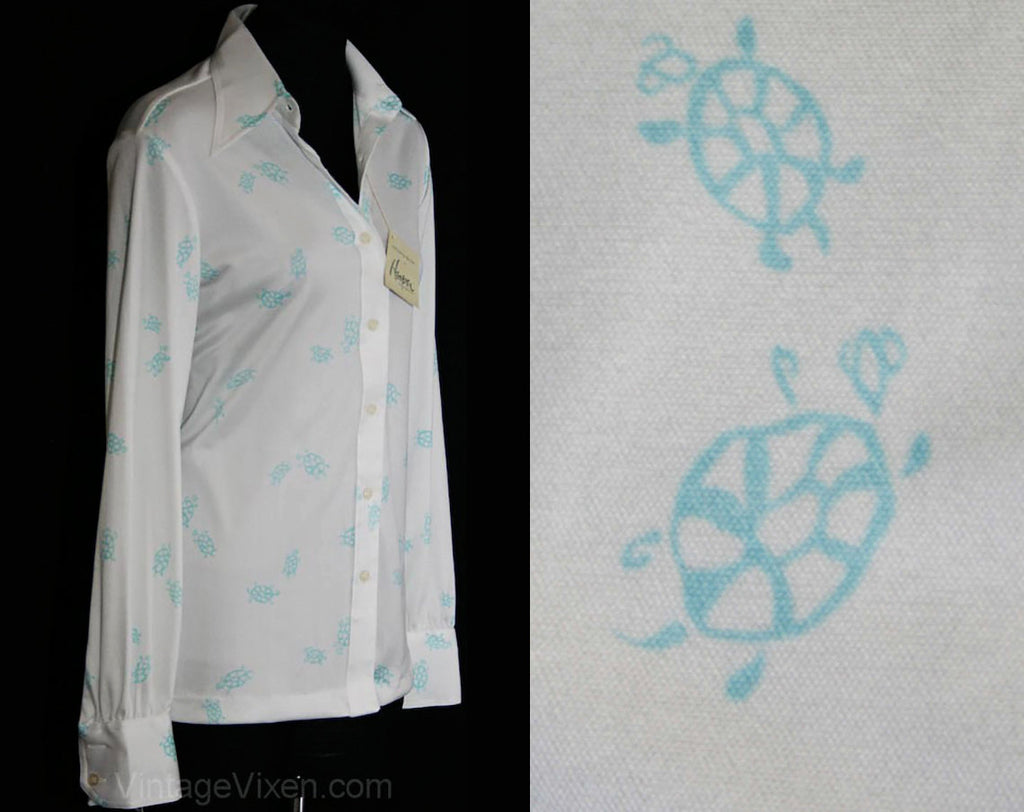 FINAL SALE Size 10 Sky Blue Turtles Print 1970s Shirt - Long Sleeved 70s Casual Top - New With Tag - Novelty Print - Bust 42 - Deadstock