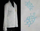 FINAL SALE Size 10 Sky Blue Turtles Print 1970s Shirt - Long Sleeved 70s Casual Top - New With Tag - Novelty Print - Bust 42 - Deadstock