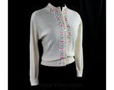 Size Small 1950s Cardigan - Exquisite Pink Roses Ribbon Brocade - 50s Button Front White Sweater - Soft As Cashmere - Deadstock - Bust 39.5