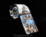 1960s Square End Tie - Antique Sailors Nautical Theme Mens 60s Novelty Print Necktie by Rooster - Blue Orange Cotton - Victorian Ships