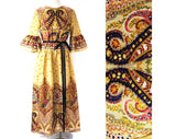 Size 10 Paisley Dress - Medium 1970s Gypsy Chic Maxi - Boho Khaki & Plum Purple Print - Flare Hippie Sleeves - Early 70s Bohemian Deadstock