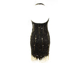 XXS 1990s Beaded Halter Dress - Black Silk Chiffon Size 0 Party Cocktail with Gold Beads & Fringe - Sexy Savage Jagged Hem - Bust 33.5