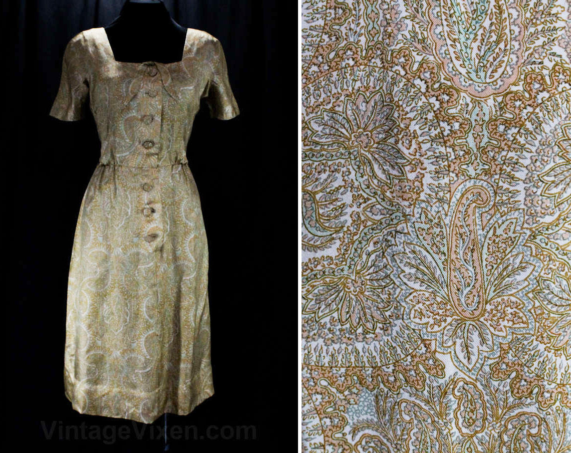 Size 4 1950s Dress - Fine Paisley Silk Tailored Dress - Square Necklin Vintage Vixen Clothing Size 4 1950s Dress - Fine Paisley Silk Tailored Dress - Square Necklin Vintage Vixen Clothing