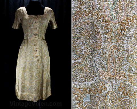 Size 4 1950s Dress - Fine Paisley Silk Tailored Dress - Square Neckline - Gray Taupe Apricot Painterly Print - 50s Lord & Taylor - Waist 25