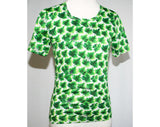 XXS Italian 1970s Short Sleeve T Shirt - Emerald Autumn Leaves Tee - Made in Italy - Size less than 000 - 70s Green Top - Mint - Bust 30