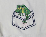 Size 3T Girl's Sweater - Cute 1970s Retro Toddler's Pullover with Frog in Trompe L'Oeil Pocket - 70s Green Froggy Embroidery - Chest 23