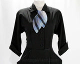 Size 4 1950s Dress - New Look Era Black Crepe 50s with Ascot - Wing Lapel - Nipped Waist - Blue Plaid Tie & Plaid Lining - Waist 25