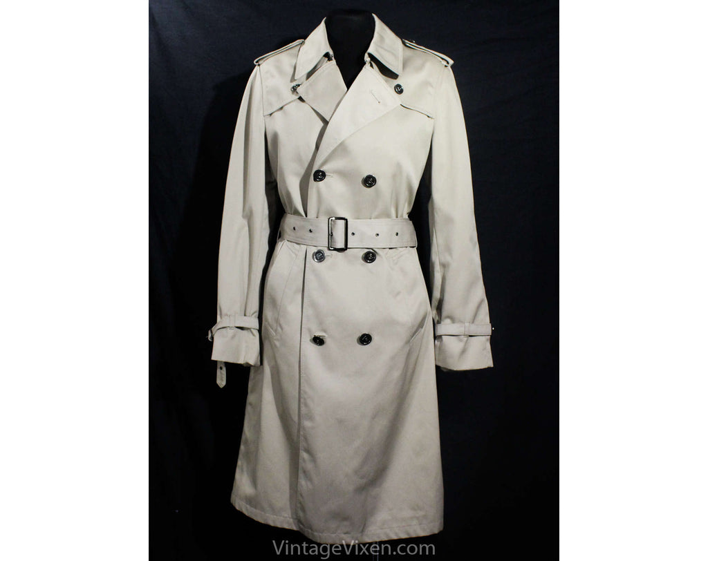 Pierre Cardin Men's Trench Coat - Size XS or Ladies 8 - Classic Tan 1980s Designer Overcoat with Logo Buttons - Paris Spy Style - Chest 36