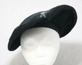 1940s Pancake Hat - Dramatic Tall Tilt Style 40s Millinery - WWII Era Black Felt & Satin Trim - Large Design Like Beret - Richard Original