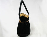 Deco 1930s Black Suede Bag - 30s Purse with Metallic Gold Cord & Lining - Pouch Style Handbag - Suede Is Crocking Color - Strap As Is