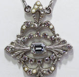 Victorian Style Necklace - Edwardian Retro Pendant - Antique Look Made in the 1980s 90s by Brand 1928 - Silver Tone Metal & Rhinestones