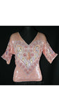 Size 10 Evening Blouse - Haute Bohemian 1970s Heart Motif Sequin Top - Beautiful 70s 80s Pink Formal Shirt - Unique Design - Bust 38 - 39002