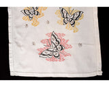1950s Table Runner - Butterflies Novelty Embroidery - Starbursts & Butterfly Motif - White Gold Black Red - 50s Embroidered Dresser Runner