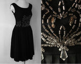 Size 10 Black Cocktail - Glamorous 1950s Full Skirted Dress with Beadwork - Flapper Inspired LBD - Ballerina Style Fit and Flare - Bust 37.5