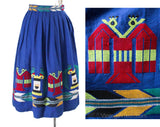 1950s XS Full Skirt - Mexican Quetzal Cotton Brocade - Size 0 50s Rockabilly Pleated Skirt - Blue Green Red Novelty Birds - Waist 23 - 50084