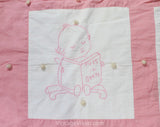 As Is Pink 1940s Childs Quilt - Hand-Sewn & Hand-Embroidered Baby Coverlet - Adorable Kewpie Embroidered Scenes - Large Size 33 x 43 Inches