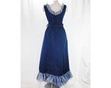 Size 8 Evening Dress - Navy Blue Silk Formal Gown - Picturesque 1960s Sleeveless Summer Dress - Organza Ruffles & Flower Corsage - Bust 35.5