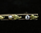 10KT Gold Brooch with Diamonds and Freshwater Pearls - Leafy Open Design Long Rectangle - Beautiful Lapel Pin - Marked 10 Karat - Exquisite