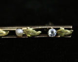 10KT Gold Brooch with Diamonds and Freshwater Pearls - Leafy Open Design Long Rectangle - Beautiful Lapel Pin - Marked 10 Karat - Exquisite