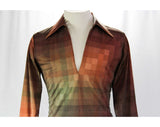 Men's Small Disco Shirt - 1970s Brown Pixel Print Casual Long Sleeve Shirt - 70s Pixellated Squares - Deep Chest Baring V Neck - Chest 40