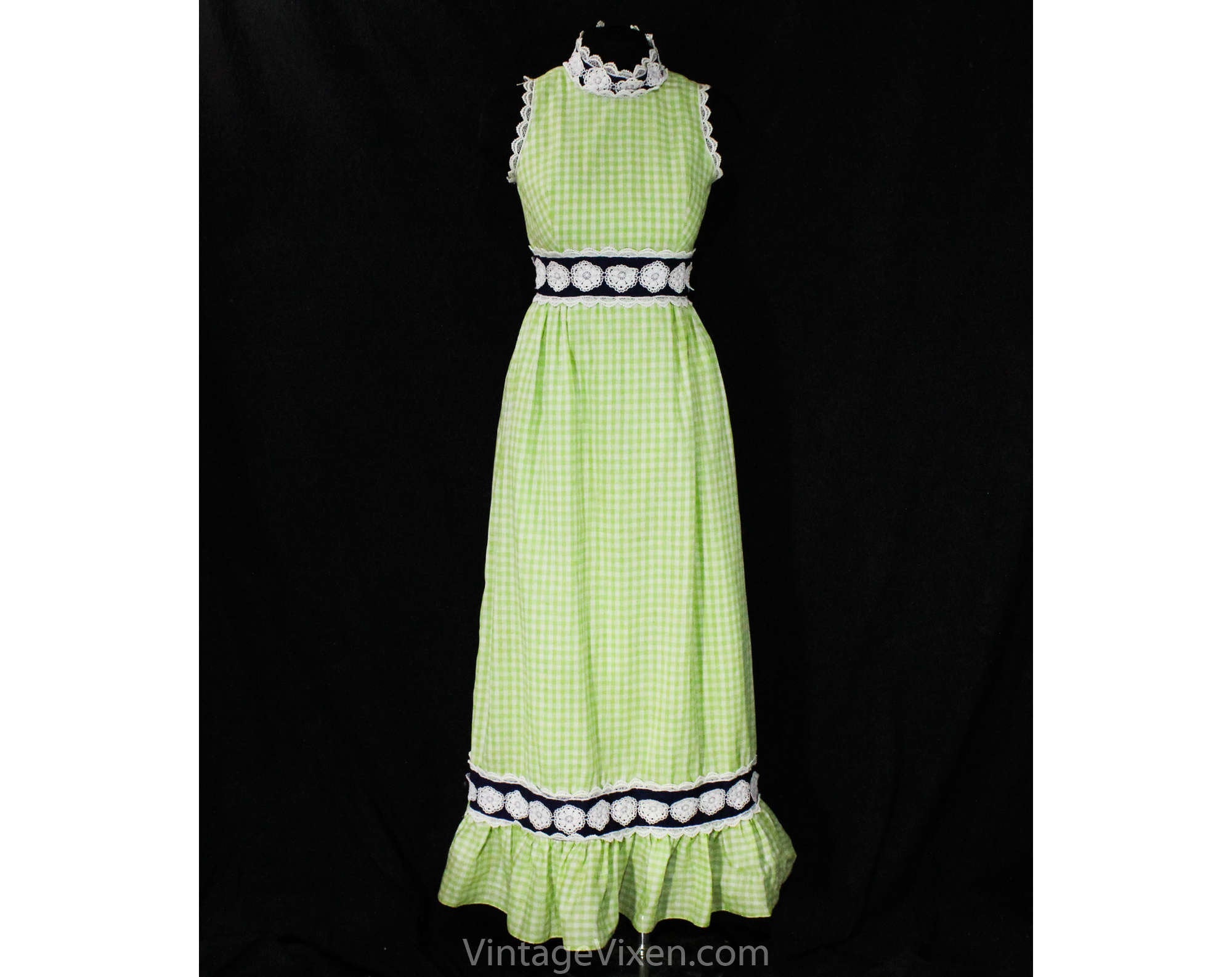 Size 2 Lime Gingham Dress - 60s 70s Sleeveless Empire Summer Gown - Sp Vintage Vixen Clothing Size 2 Lime Gingham Dress - 60s 70s Sleeveless Empire Summer Gown - Sp Vintage Vixen Clothing