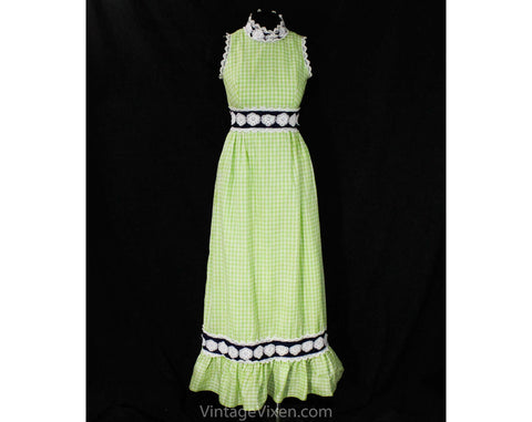 Size 2 Lime Gingham Dress - 60s 70s Sleeveless Empire Summer Gown - Spring Green & Navy Blue Cotton Maxi Dress - White Daisy Lace - Waist 24