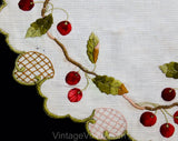 Cherries Antique Linens - Society Silk Embroidered Victorian Centerpiece - Art Nouveau Round Doily Style - Botanical Red Cherry Embroidery