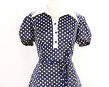 Size 6 Mini Dress - 1960s Dollybird Polka Dot Dress - Cute 60s Go Go Girl - Navy Blue & White Knit with Matching 60s Panty, Belt, Skirt Set