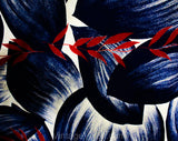 Size 6 1950s Tropical Skirt - Navy & Red Vine Leaves Botanical Print Cotton - 40s 50s Full Summer Tiki Chic - 3/4 Circle Fullness - Waist 26