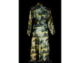 Size 8 1940s Asian Robe - As Is Faded 40s Rayon Brocade Robe - WWII Era Pagodas Bonsai Trees Far East Scenes - Tassel Belt - Waist to 32