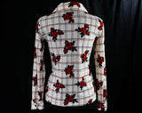 Size 8 Auburn Roses Print 1970s Polo Shirt - Medium Long Sleeved 70s Casual Top - Spring - Fall - 1970s Disco Era - Floral Plaid - Bust 36.5