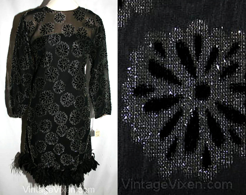 Size 8 Party Dress - 60s Black & Silver Daisy Chiffon Cocktail Dress with Ostrich Feathers Hem - 1960s Medium - Deadstock - Bust 36 - 31633