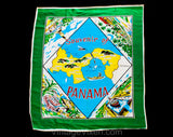 1950s Panama Souvenir Scarf - Tourist Map Central America - As Is 50s 60s Rayon Novelty Print - Glitter Applied Scenes - Red Blue Green