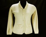 Size 6 Taupe Angora Cardigan Sweater with Pearly Beads - Button Front - 1950s Look Jumper with Pockets - 1980s Does 50s Retro - Bust 36