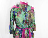Size 8 Tropical Dress - Designer 80s Macaw Birds Novelty Print Cotton Gauze - Orchid Purple Sea Green - Resort Chic Louis Feraud - Waist 30