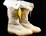 Size 6 Preppy Duck Boots - Neutral Tan Quilted Nylon with Rubber Soles & Faux Fur Lining - Light Brown Beige 1960s Fall Shoes - NOS with Tag
