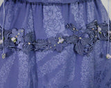 Size 8 Designer Dress with Special Details - Periwinkle Indigo Purple Silk Brocade - Leafy Appliques & Hand Beading - Swag Skirt - Bust 36