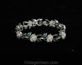 White Roses Jewelry Set - 50s Necklace Bracelet Earrings - Sweet Feminine Spring Summer 1950s 1960s - Jade Green Painted Leaves - 50579