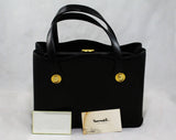 1950s Black Leather Bag - Very Fine Quality Patent Leather Purse - Pristine Mint Condition Unworn - 50s Handbag with Brass Disks - 2 Handles