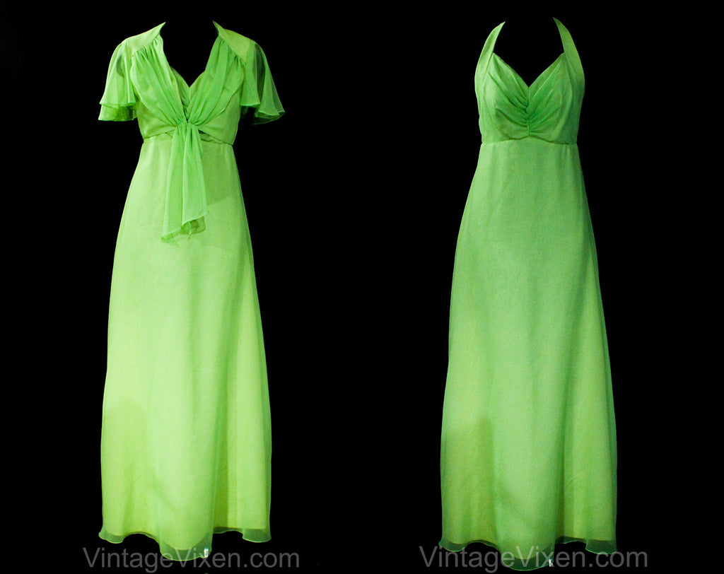 Size 8 Spring Evening Dress - 1960s Halter Gown & Fluttery Jacket - Medium Pistachio Chartreuse Green Chiffon - Bust 35 - 60s Deadstock