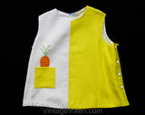 2T Toddler's Play Outfit - 1960s Yellow Girl's Shorts Set with Novelty Carrot in Pocket - Size 24 Months Girl Child's Summer Sleeveless